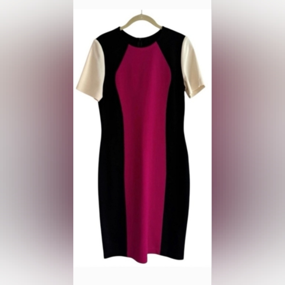 NWT ST JOHN Santana Knit Color Block Sheath Dress | Pink Black Ivory Midi | 8